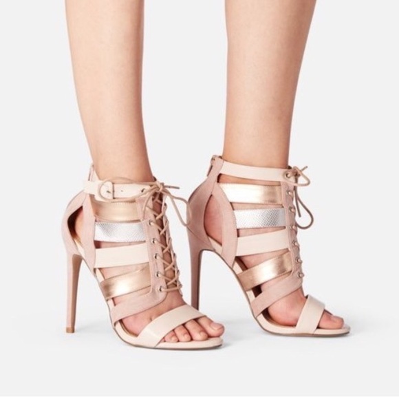 NWOT JustFab Katty Lace-Up Stiletto Heel Booties Cocktail Party Metallic Pink 9 - Picture 1 of 7
